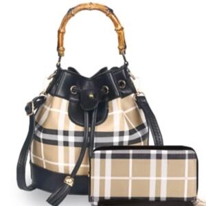 Plaid Drawstring Bucket Bag Bamboo Handle w/ Matching Wallet NWT